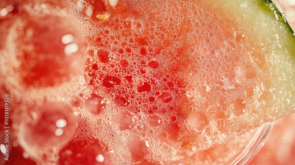 A close-up of a refreshing watermelon smoothie in a glass, with tiny ice crystals and a slice of watermelon on the rim.