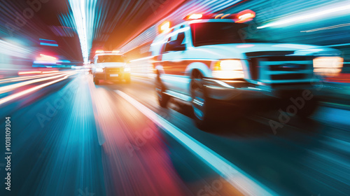 Abstract portrayal of first responders in a fast-paced emergency scene, showcasing vibrant streaks of motion to emphasize dynamic and urgent nature of their lifesaving efforts during critical moments. photo