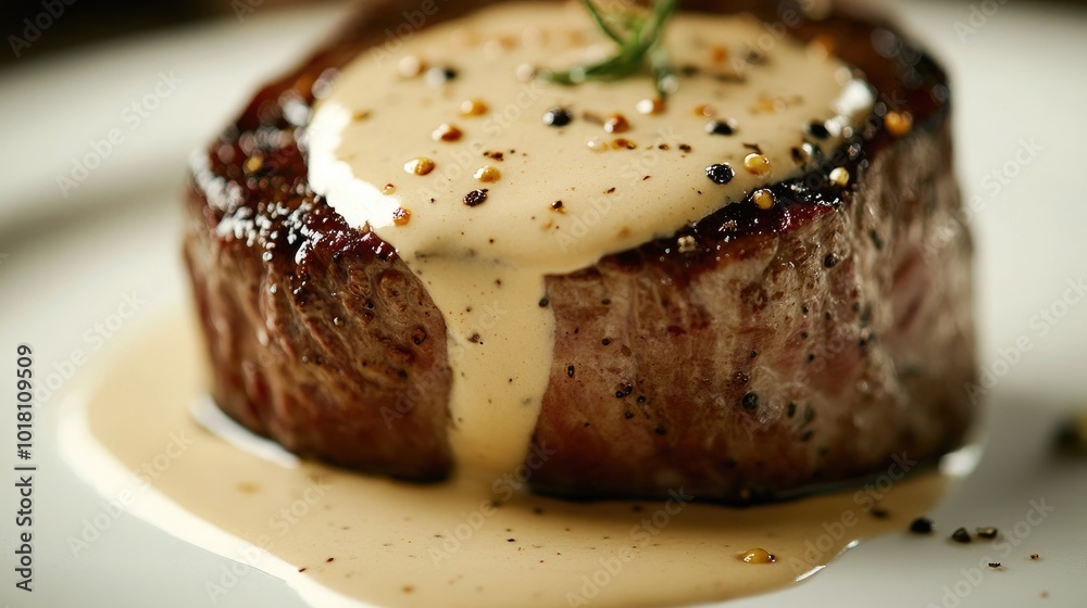 A close-up of a steak drizzled with a rich, creamy peppercorn sauce, with the sauce pooling around the meat on a white plate. A close-up of a steak drizzled with a rich, creamy peppercorn sauce, with the sauce pooling around the meat on a white plate.