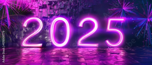 Neon Lights 2025 Sign on Purple Brick Wall Background