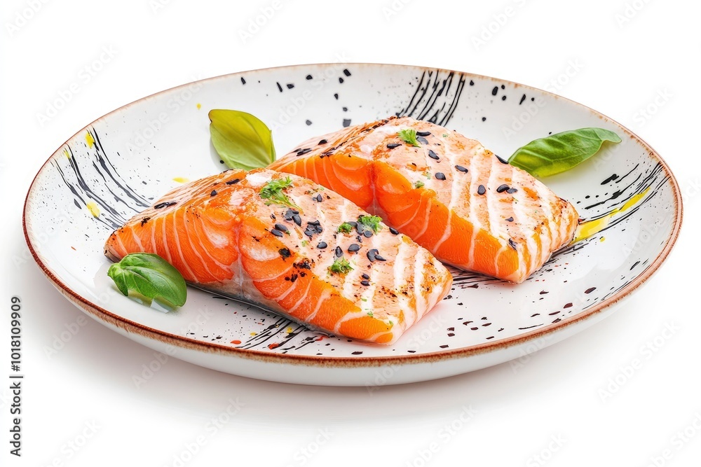 Plate with tasty salmon on white background - generative ai Plate with tasty salmon on white background - generative ai