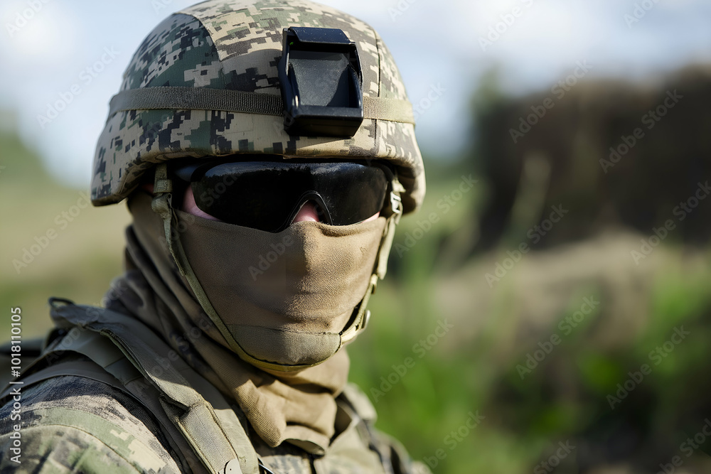Soldier in full camouflage gear stands guard in a blurred natural setting, wearing a helmet, sunglasses, and a balaclava Soldier in full camouflage gear stands guard in a blurred natural setting, wearing a helmet, sunglasses, and a balaclava