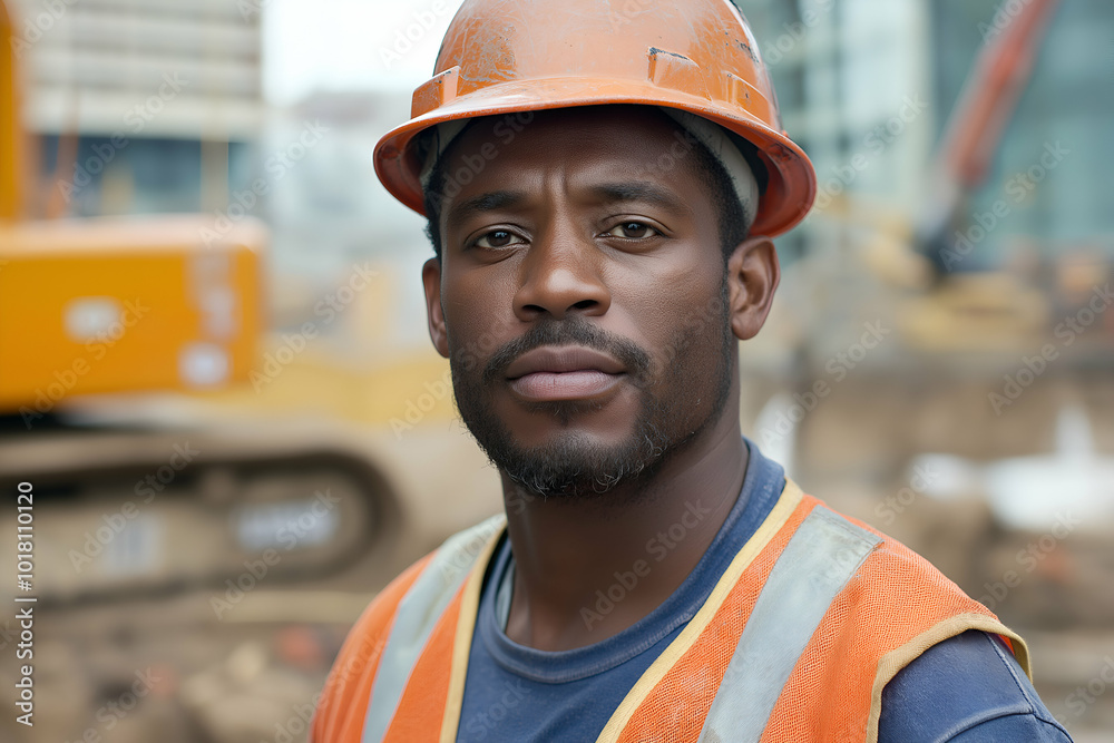Fototapeta premium African american construction worker, wearing a hard hat and safety vest, stands on a job site with heavy machinery in the background