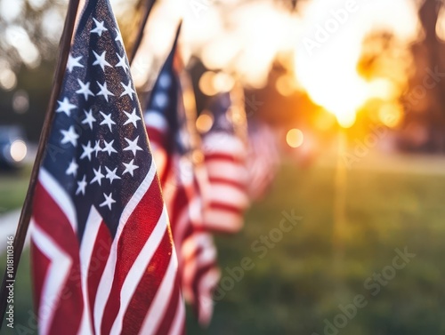 Numerous United States flags bask in the glowing evening sunlight, conveying themes of unity and freedom on a tranquil evening, perfect for memorial occasions.