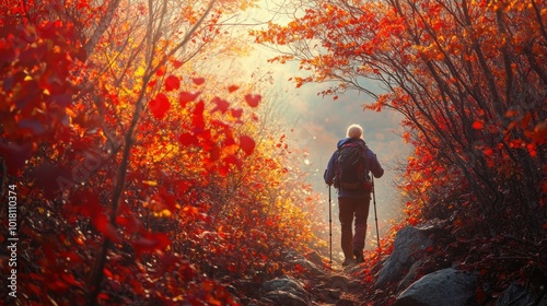 Lone hiker on the Appalachian Trail in autumn, surrounded by vibrant red and gold foliage. Backview shot with soft sunlight. Ultra-realistic photography. High-resolution image.