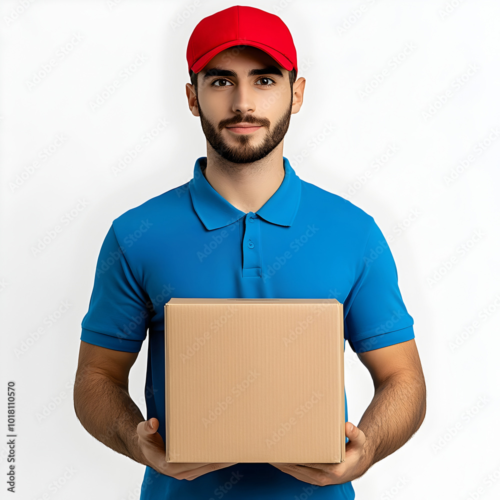 Young Handsome Delivery Man Holding a Parcel on White Background Young Handsome Delivery Man Holding a Parcel on White Background