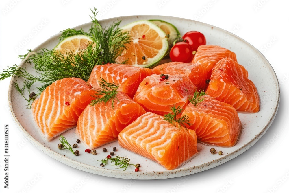 Plate with tasty salmon on white background - generative ai Plate with tasty salmon on white background - generative ai