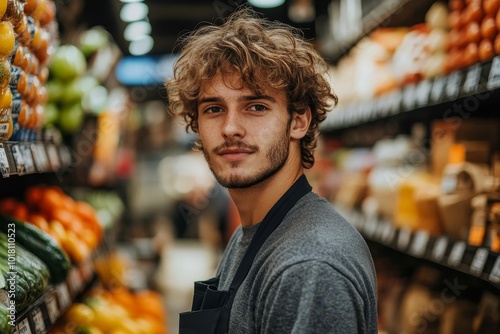 Youmg man on a holiday job in a supermarket, Generative AI photo