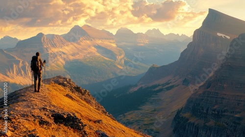 Solitary hiker silhouetted against jagged peaks in Glacier National Park at golden hour. Captivating alpine scenery. A perfect moment of adventure and nature’s beauty. 