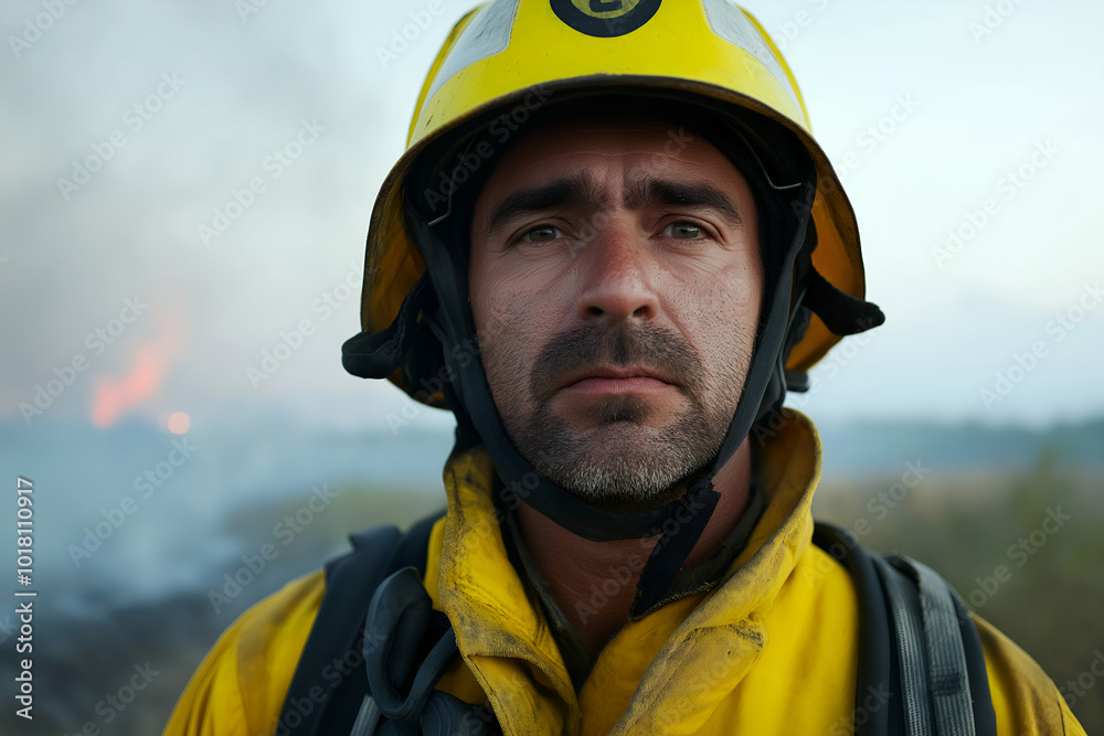 Firefighter in protective gear stands near a wildfire, flames and smoke billowing Firefighter in protective gear stands near a wildfire, flames and smoke billowing