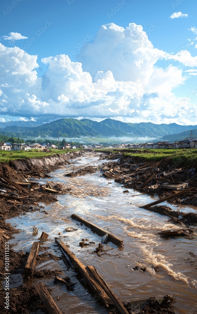 Riverbank erosion with flowing water and lush green landscape beneath a blue sky. Riverbank erosion with flowing water and lush green landscape beneath a blue sky.