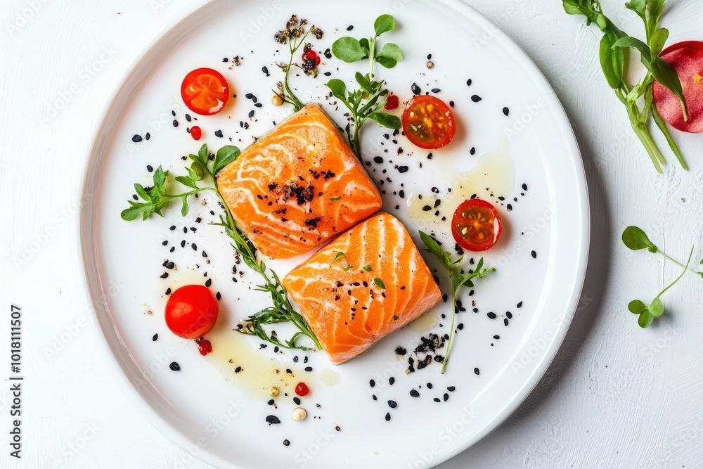 Plate with tasty salmon on white background - generative ai Plate with tasty salmon on white background - generative ai