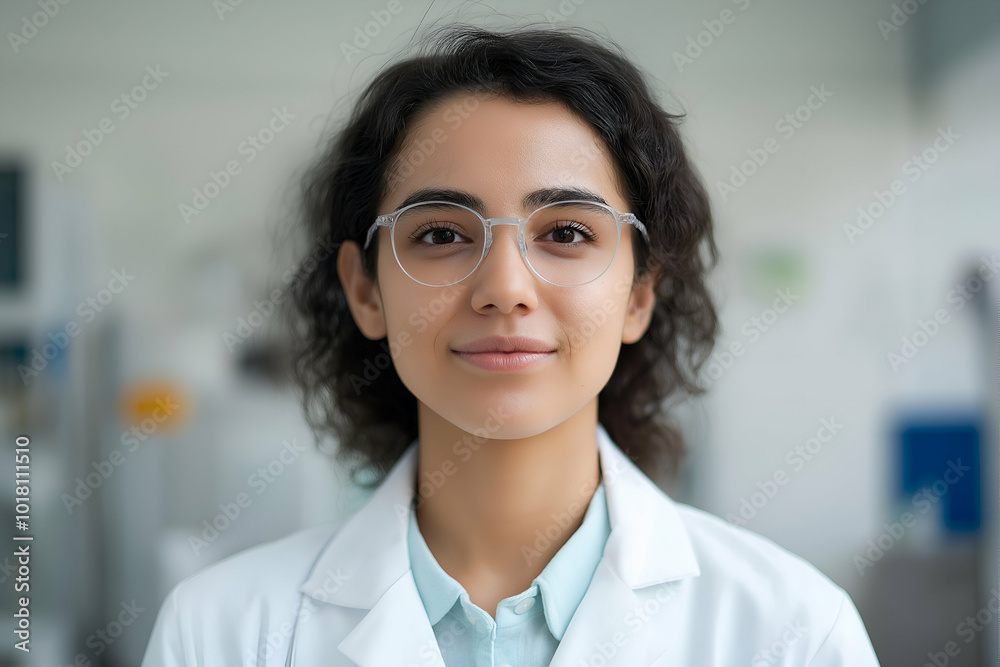 Young middle eastern woman radiates confidence in lab coat as she embodies the roles of doctor, scientist, and researcher in a healthcare setting Young middle eastern woman radiates confidence in lab coat as she embodies the roles of doctor, scientist, and researcher in a healthcare setting