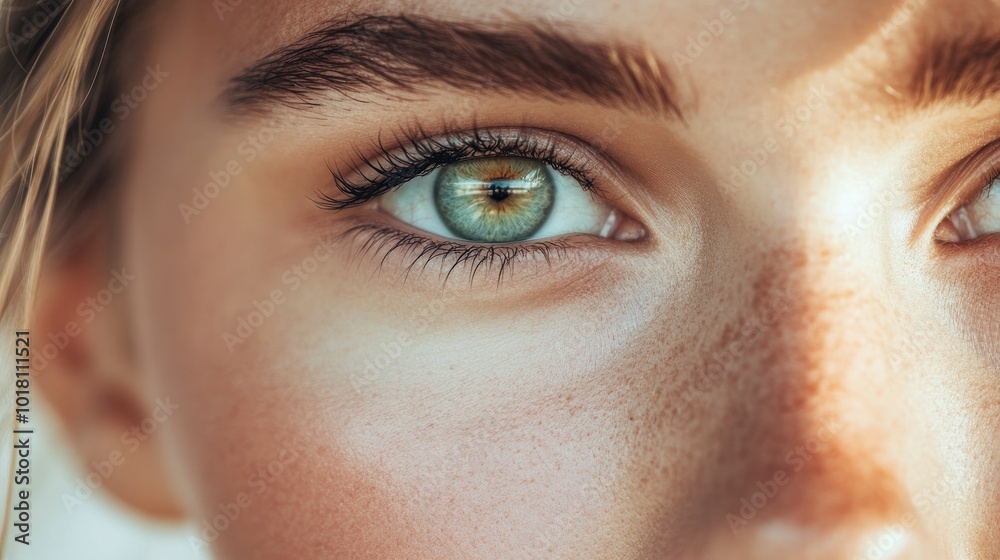 Fototapeta premium A detailed shot of a woman's face, focusing on her expressive eyes and the delicate contours of her cheeks, with soft natural lighting.