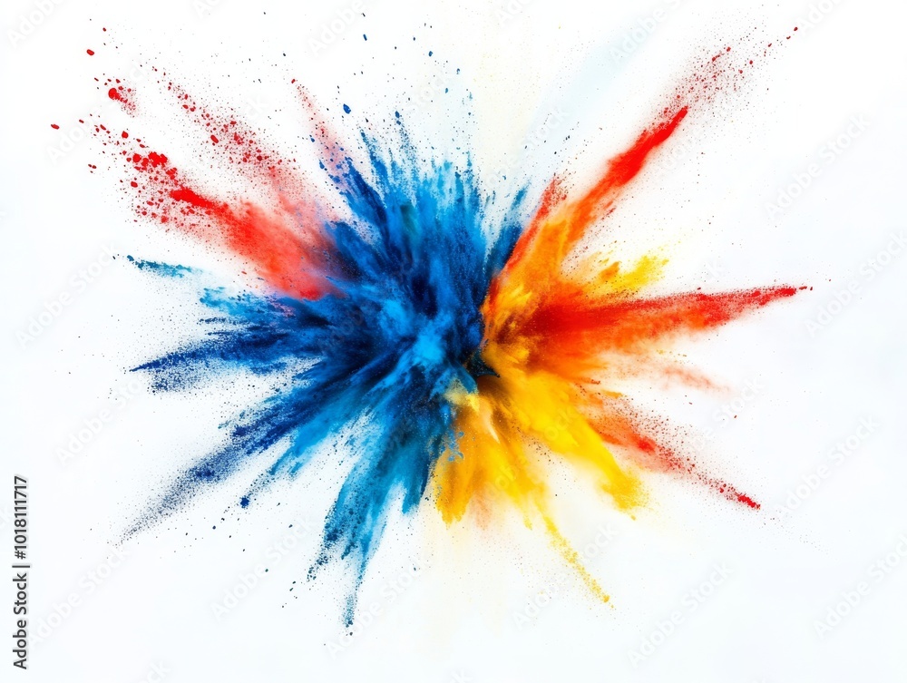 2408 68.A dynamic burst of colorful powder particles exploding outward, captured in mid-motion against a white background. The vivid colors blend together in a mesmerizing gradient of blues, reds, 2408 68.A dynamic burst of colorful powder particles exploding outward, captured in mid-motion against a white background. The vivid colors blend together in a mesmerizing gradient of blues, reds,