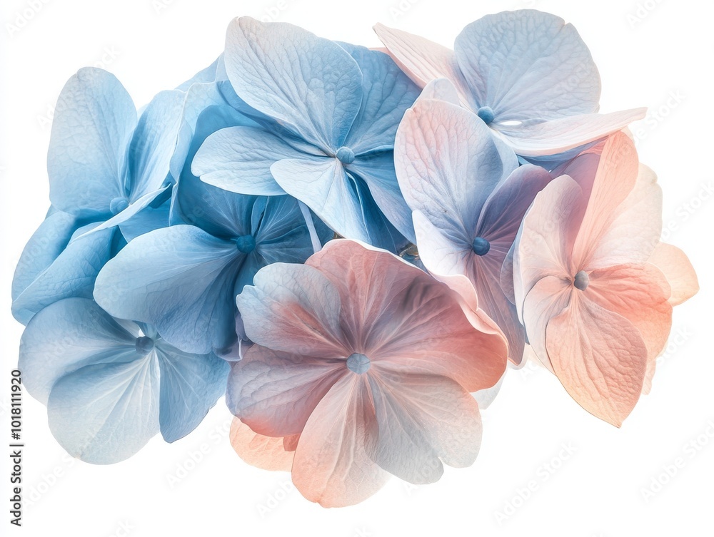 Obraz premium 2408 71.A detailed close-up of a full hydrangea bloom, showcasing its delicate, rounded clusters of petals in soft shades of blue and pink. The flower is isolated on a crisp white background with a