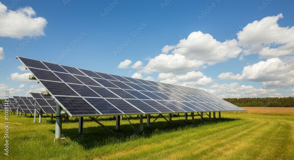 Solar panels in green field under blue sky with clouds Solar panels in green field under blue sky with clouds