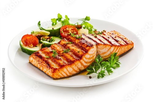 Plate with tasty salmon on white background - generative ai