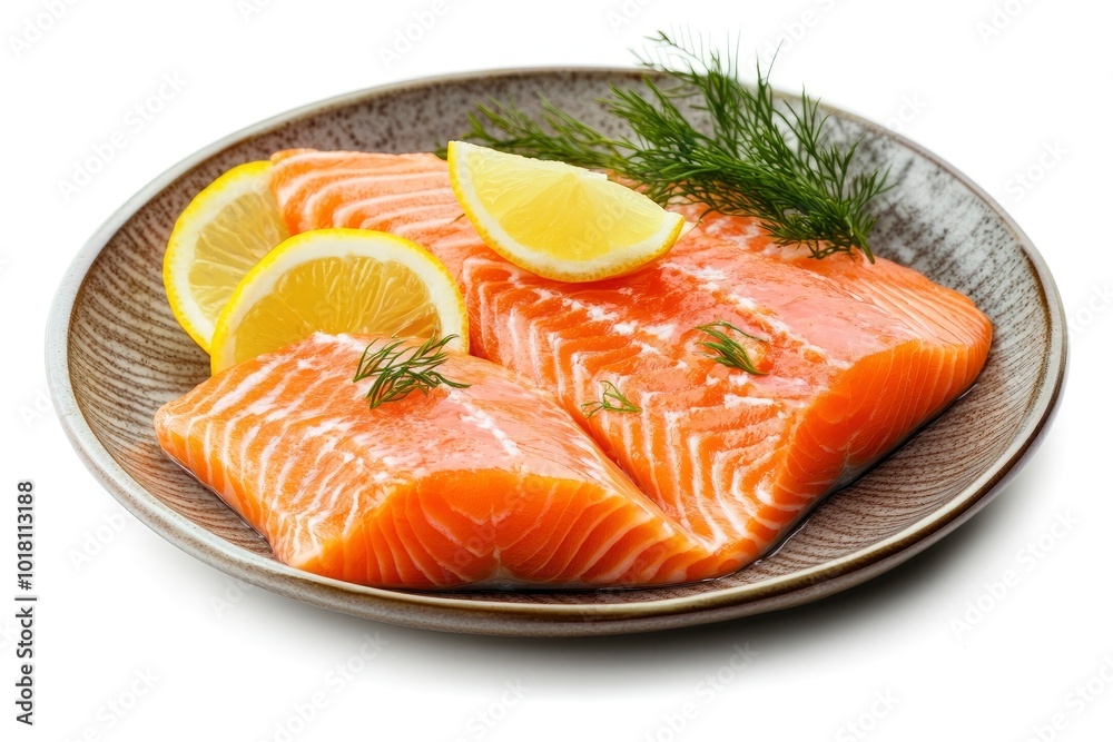 Plate with tasty salmon on white background - generative ai Plate with tasty salmon on white background - generative ai