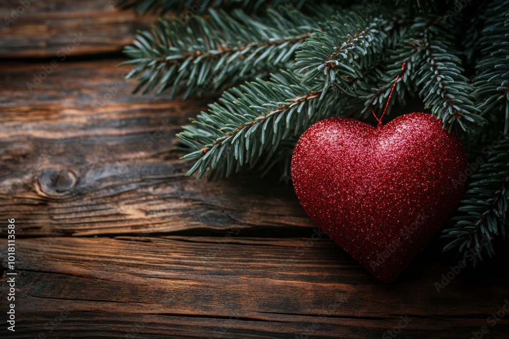 Obraz premium Wooden background with christmas tree branches and a red heart decoration 