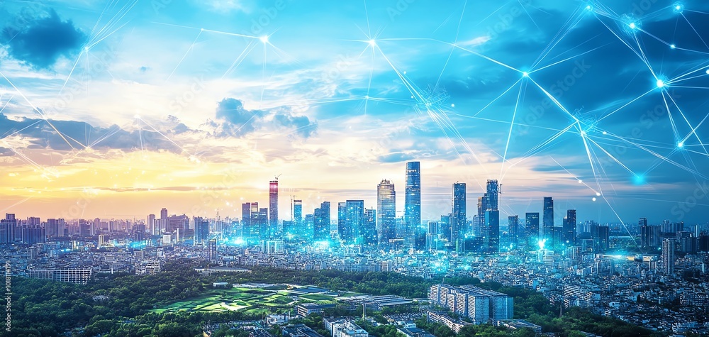 Obraz premium Cityscape with connected network.