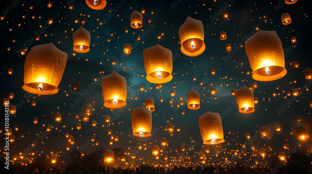 Obraz premium A night sky filled with glowing lanterns, symbolizing hope and celebration.