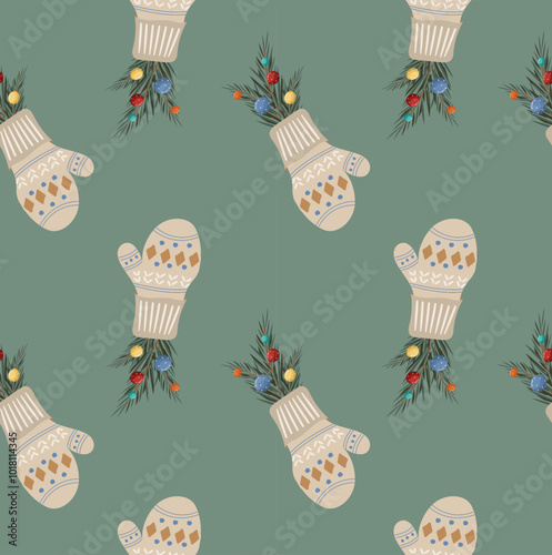 Christmas and New Year seamless pattern with cute mittens and Christmas decorations on green background. Wrap for gifts, fabric