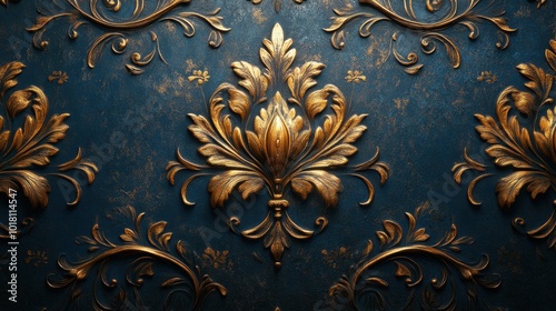 Golden Floral Ornament on Dark Blue Background