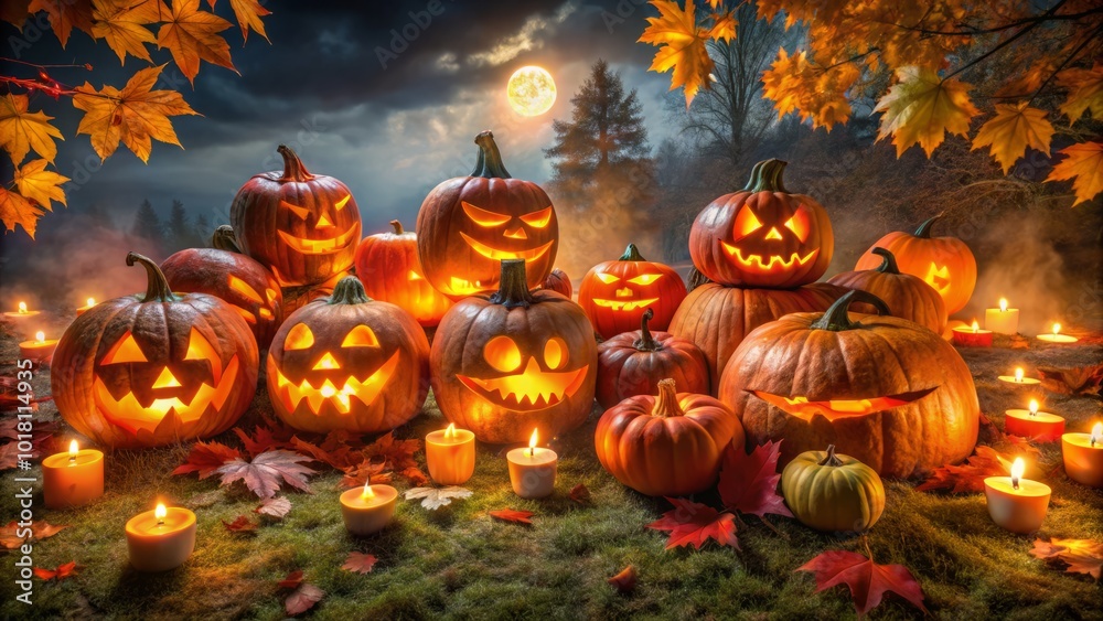 A stunning aerial perspective reveals a sea of carved Jack O' Lanterns, glowing brightly and celebrating Halloween's festive spirit in a uniquely A stunning aerial perspective reveals a sea of carved Jack O' Lanterns, glowing brightly and celebrating Halloween's festive spirit in a uniquely
