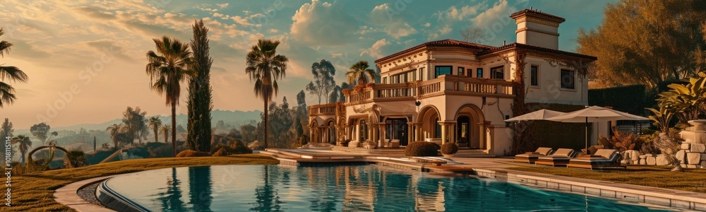 Fototapeta premium A large house with a spacious swimming pool is located in front