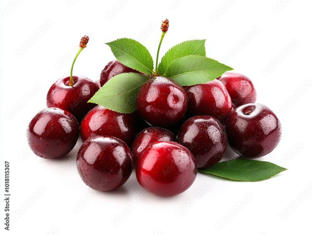 2408 116.A vibrant pile of ripe, glossy red cherries with fresh green leaves scattered throughout. The cherries' smooth skin reflects light, making them look juicy and delicious, perfectly arranged 2408 116.A vibrant pile of ripe, glossy red cherries with fresh green leaves scattered throughout. The cherries' smooth skin reflects light, making them look juicy and delicious, perfectly arranged