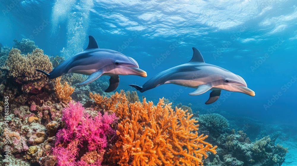 Fototapeta premium A peaceful scene of dolphins swimming near a coral reef, with vibrant marine life and colorful corals in the foreground.