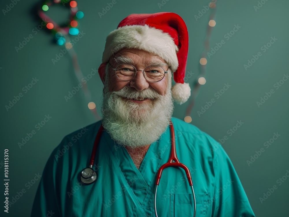 Naklejka premium Santa Claus the Cheerful Doctor in a Festive Christmas Hat with a Stethoscope