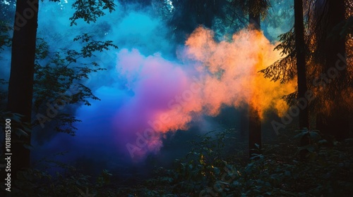 A mystical scene of colored smoke drifting through a dense forest, creating a dreamlike atmosphere.