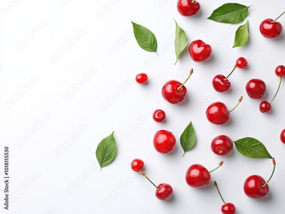 2408 119.A scattering of fresh, ripe cherries with vibrant red skin and a few green leaves, isolated against a clean white background. The cherries look juicy and appetizing, with their natural gloss 2408 119.A scattering of fresh, ripe cherries with vibrant red skin and a few green leaves, isolated against a clean white background. The cherries look juicy and appetizing, with their natural gloss