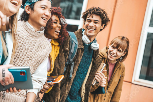 Happy university students walking in college campus - Group of young people hanging outdoors together - Youth culture and education life style concept