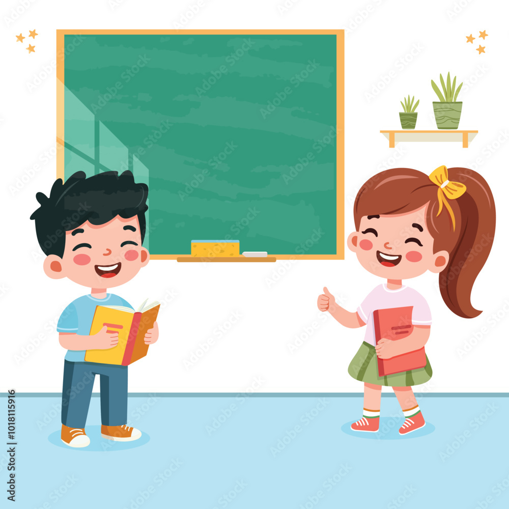 Cute and happy international students standing in front of blackboard in classroom. Poster, Banner, Flyer, Template, Greeting Card. Vector illustration in flat cartoon style Cute and happy international students standing in front of blackboard in classroom. Poster, Banner, Flyer, Template, Greeting Card. Vector illustration in flat cartoon style