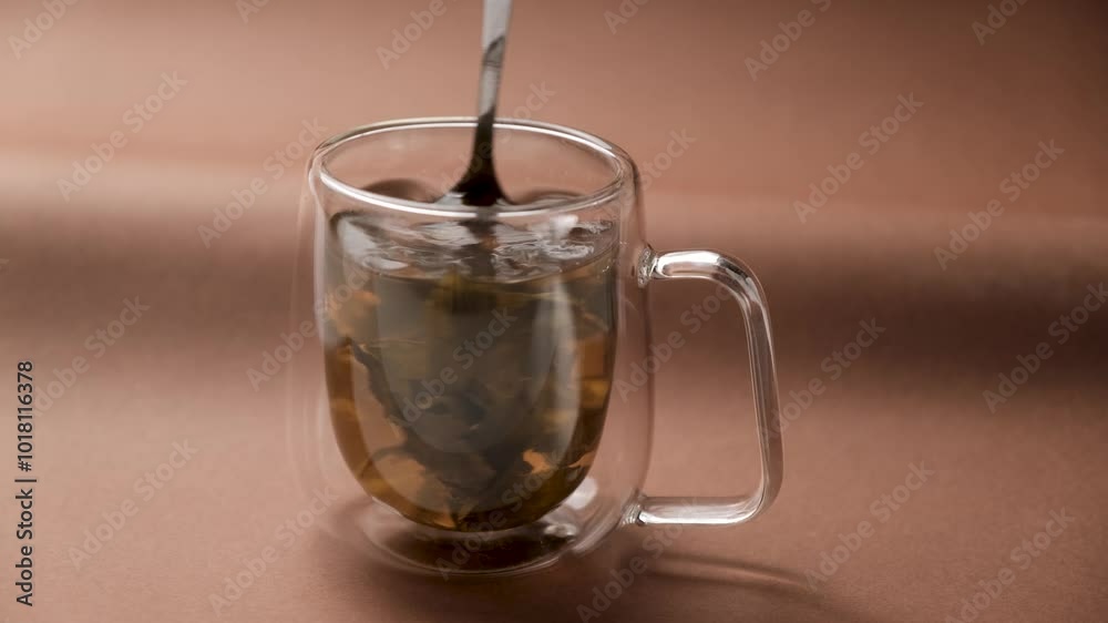A man stirs tea in a cup with a teaspoon on a brown background. Making healthy green tea. A man stirs tea in a cup with a teaspoon on a brown background. Making healthy green tea.