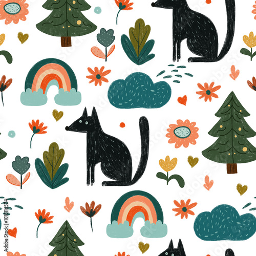 Seamless pattern colorful charcoal doodle  black fox, flowers, rainbows, trees, and clouds childrens drawing, hand drawn
