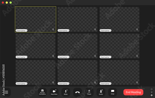 A virtual workspace filled with empty screens, showcasing a quiet online meeting space during remote collaboration