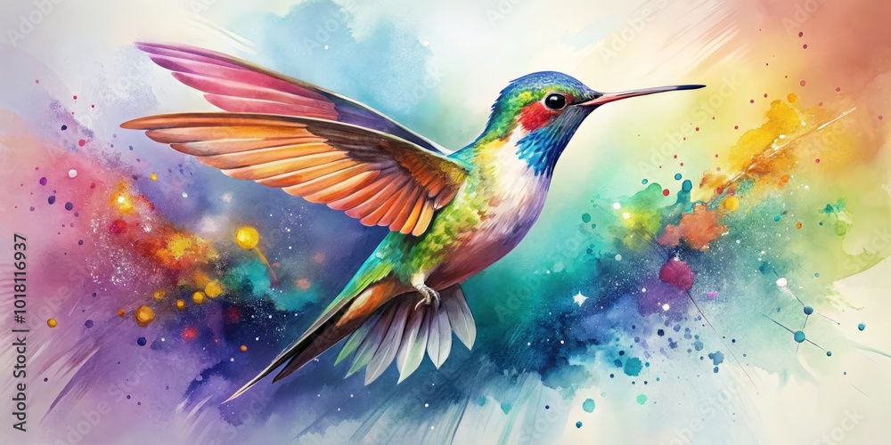 Obraz premium A stunning watercolor depiction of a hummingbird soaring, enhanced by vivid paint splashes, embodying the lively energy and exquisite charm of this