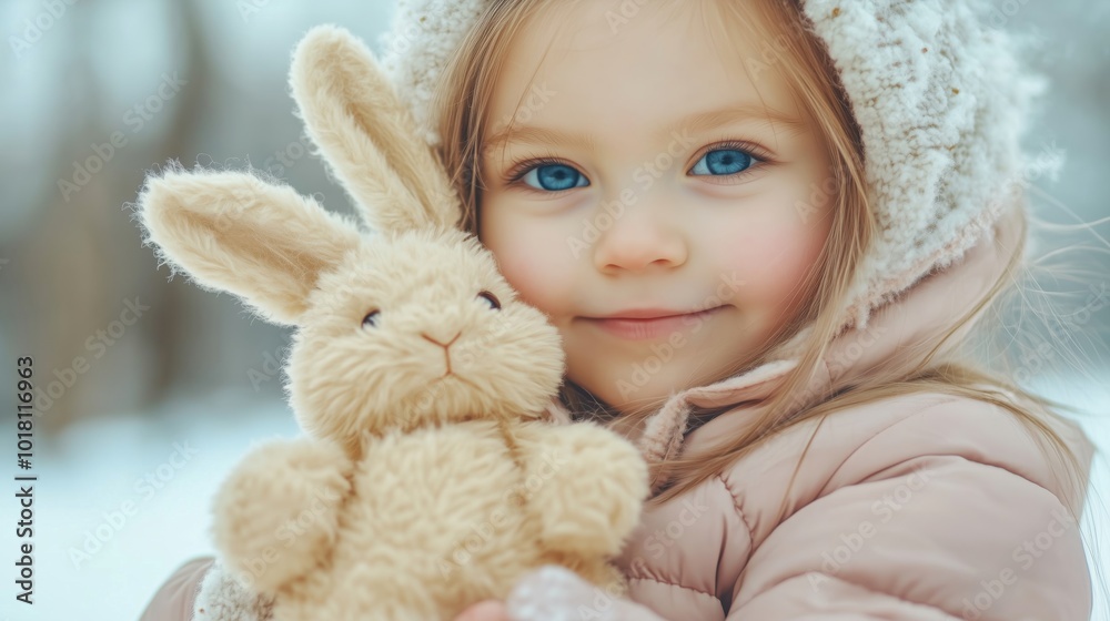 Girl holding stuffed bunny in winter landscape Girl holding stuffed bunny in winter landscape