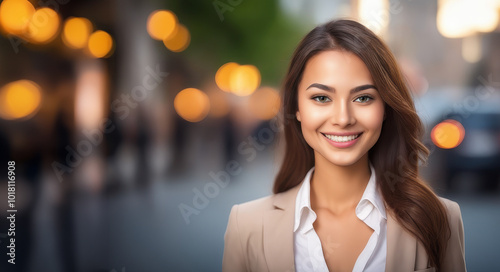 portrait of a smiling businesswoman on bokeh street background