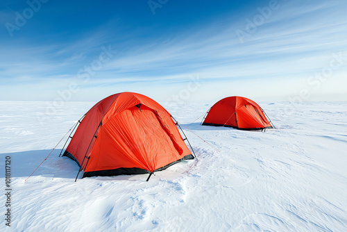 Winter camping with windproof tents on a frozen tundra, harsh winds blowing across the snow as adventurers brace for the night