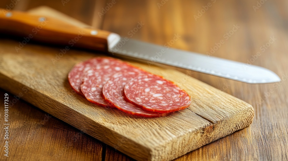 Sliced salami lies on a wooden board next to a knife Sliced salami lies on a wooden board next to a knife