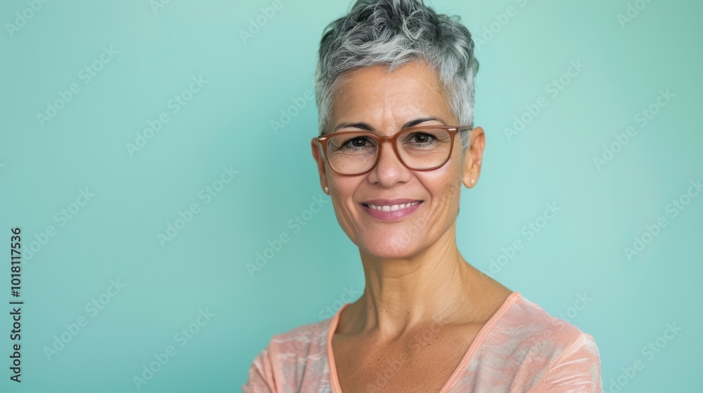 Smiling Mature Woman with Short Gray Hair and Glasses Smiling Mature Woman with Short Gray Hair and Glasses