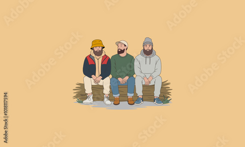 Three bearded men sitting together in casual outfits