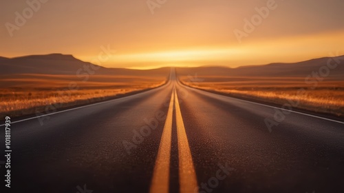 Endless road stretching into a golden sunset horizon