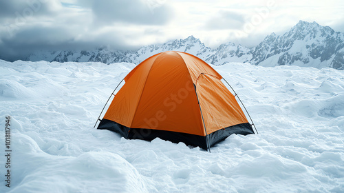 Winter camping in high winds, windproof tents set up in a snowcovered valley, icy conditions prevailing photo