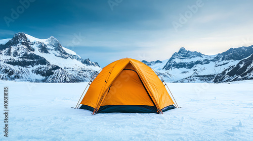 Survivalists camping in extreme snow conditions, setting up a tent in an open snowfield with mountains in the background